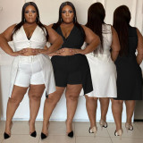 Plus Size Women's Casual White Cardigan Two Piece Shorts Set without Belt