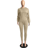 Solid Khaki Fleece Hooded Sweatshirt Pant Set