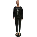 Winter Casual Black Thickened Print Pant Set