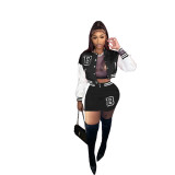 Black/White Air Layer Letter Print Women Fall Two Piece Set Sweatshirt Crop Jacket Top Shorts Sports Baseball Uniform