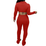 Solid Color Red Thicken V Neck Button Crop Top Split Casual Set