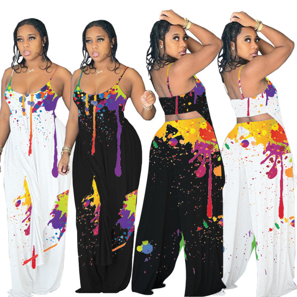 Sexy Splash Ink Print Straps Top And Pants 2 Piece Sets