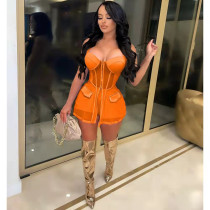 2022 Summer Orange Two Piece Set Women Zip Mesh Sheer Top and Short Matching Sets