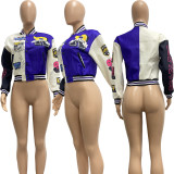 Casual Colorblock Button Fashion Print Double Thread Baseball Jacket