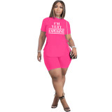 Casual Rose Letter Print Slit Eyelet Lace Up O Neck Short Sleeve Tracksuit Shorts Set