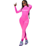 New Sports Offset Printed Letter Bodycon Bodysuit Top Trouses Two Piece Set