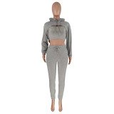 Light Gray Cotton Fleece Drawstring Jogging Tracksuit Hollow Hoodie Blouse Pants Set and Vest