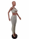 Summer Grey Sleeveless Cutout Crop Vest and Long Pants 2 Pieces