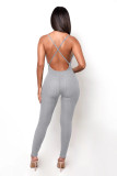 Solid Color Ribbed Straps Padded Casual Yoga Bodycon Jumpsuits