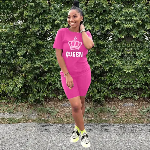 Casual Fashion Pink Short Sleeve Hot Drill Printed T-shirt Two Piece Short Outfits