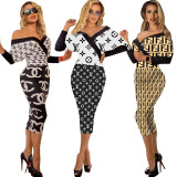 Sexy Off Shoulder Printed Color Matching Mid-length Dress