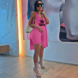 Casual Rose Knitting Printed Vest Loose Long Top Shorts Set