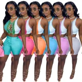 Contrast Stitching Hollow Lace-up Two Piece Short Pant Set