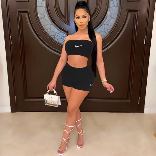 Solid Color Black Embroidered Sleeveless Wrapped Vest Top Two-piece Short Set