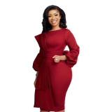 2023 Spring Women's Fashion Solid O-Neck Long Sleeve Pencil Elegant African Women Dresses