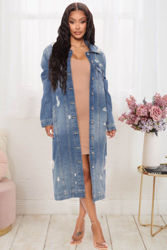 Fashion Women's Ripped Long Sleeve Denim Cape Long Cardigan Trench