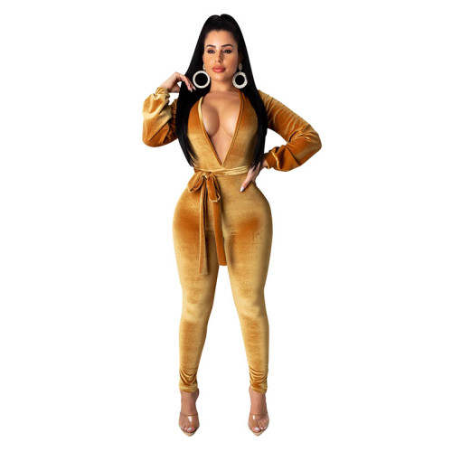 Solid Color V Neck Velvet Jumpsuit (with belt)