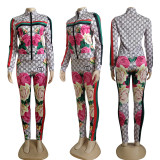 Casual High Neck Zipper Printed Sweatshirt Pant Set