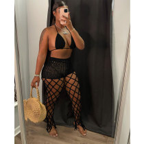 Sexy Black Beach Fishnet Perspective Hollow Halter Crop Top Two Piece