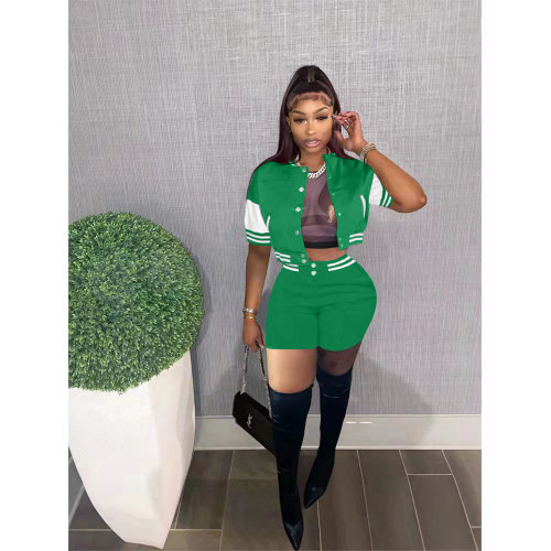 Summer Green Air Layer Jacket Baseball Uniform Casual Two-Piece Splicing Sportswear Set