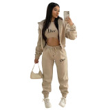 Casual Khaki Offset Printed Letter Branded Hoodie Three Piece Outfits