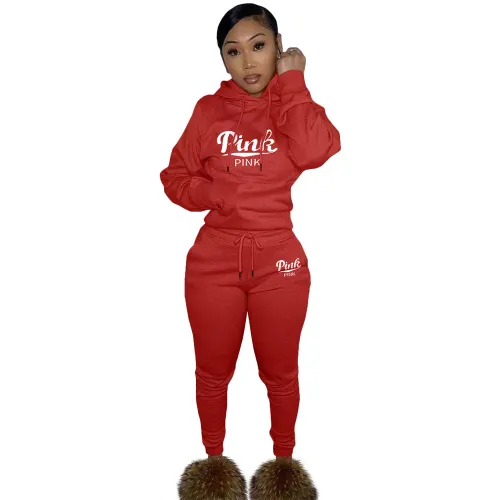 Red Fashion Twill Two Piece Set Casual Embroidery Hooded Sports Sweatshirt Set