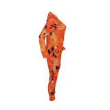 Hole Net Zipper Print Jumpsuit