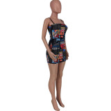 Sexy Comic Print Patchwork Spaghetti Strap Pencil Mini Dresses