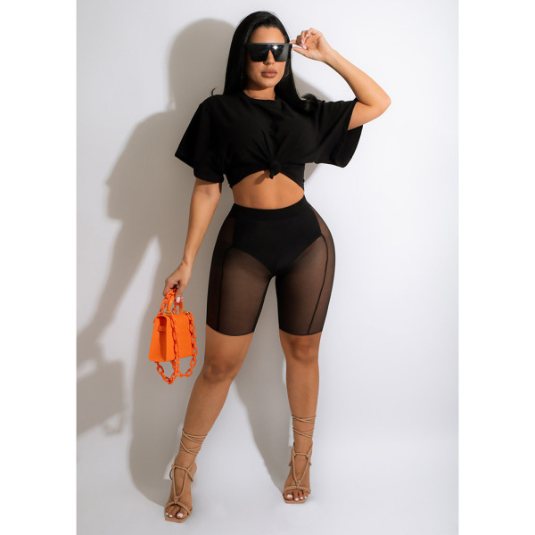 Summer Solid Mesh Shorts Set for Women Black