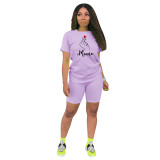 Mother's Day Heart Print Sports Shorts Set Two Piece - Purple