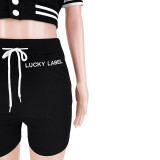 Casual Black Embroidered Letter Pocket Baseball Jersey set Single-breasted Tracksuit Shorts Two Pieces