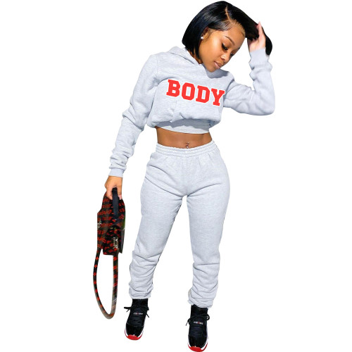 Casual Hooded Letter Print Sweatshirt Pant Set