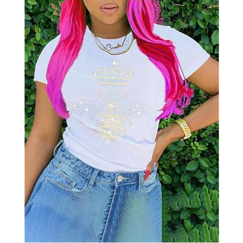 Casual White O Neck Crown Ant Hot Drill T-shirt Tops