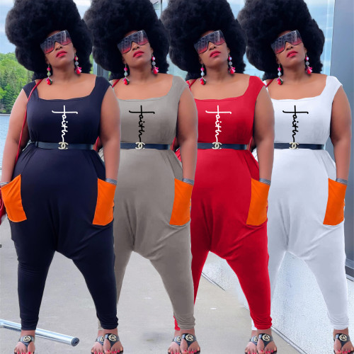 Fashion Letter Printed Wide Leg Casual Plus Size Tank Jumpsuit with Pocket