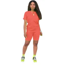 Solid Color Short Sleeve Two Piece Shorts Set
