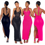 Summer Beachwear Hook Strap Halter Mesh Slit Sunscreen Long Beach Dresses