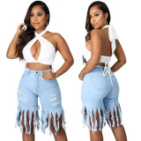 Spring Casual Solid Color Tassel Frayed Midi Jeans