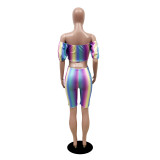 Casual Short Sleeve Gradient Rainbow Off The Shoulder Crop Top Short Two-Piece Set