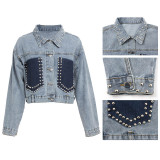 Color Block Short Beaded Denim Jacket