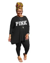 Fat lady's Plus Size Black Casual Autumn Round Neck Split Printed Two Piece Women Set