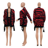 Autumn 2 Pieces Sets Sweater Outfit Manual Knitted Leopard Coat Shorts with Belt