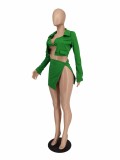 Solid Green Long Sleeve Cardigan + Bra Top + Split Mini Skirt 3 Piece Sets