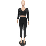 Black Casual Solid Bandage Patchwork V Neck Plus Size Two Pieces Pant Set