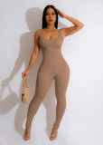 Solid Color Ribbed Sleeveless Square Neck Backless Tank Jumpsuit