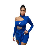 Sexy Hollow Halter Neck Ruffle Offset Printed Bodycon Dress