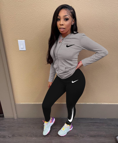 Autumn Sports Embroidery Casual Sports Zipper Hooded Two Piece Set