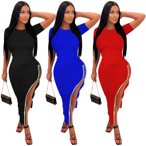 Solid Color Round Neck Slit Side Zipper Hot Drill Long Dress