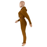 Coffee Velvet Thicken Sports Hoodie Jogging Pants Two Piece Winter Set For Women