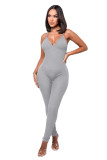 Solid Color Ribbed Straps Padded Casual Yoga Bodycon Jumpsuits
