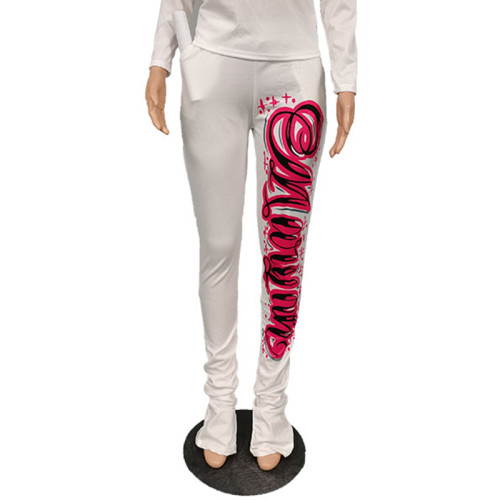 Casual Printed Piled Pants with Pockets